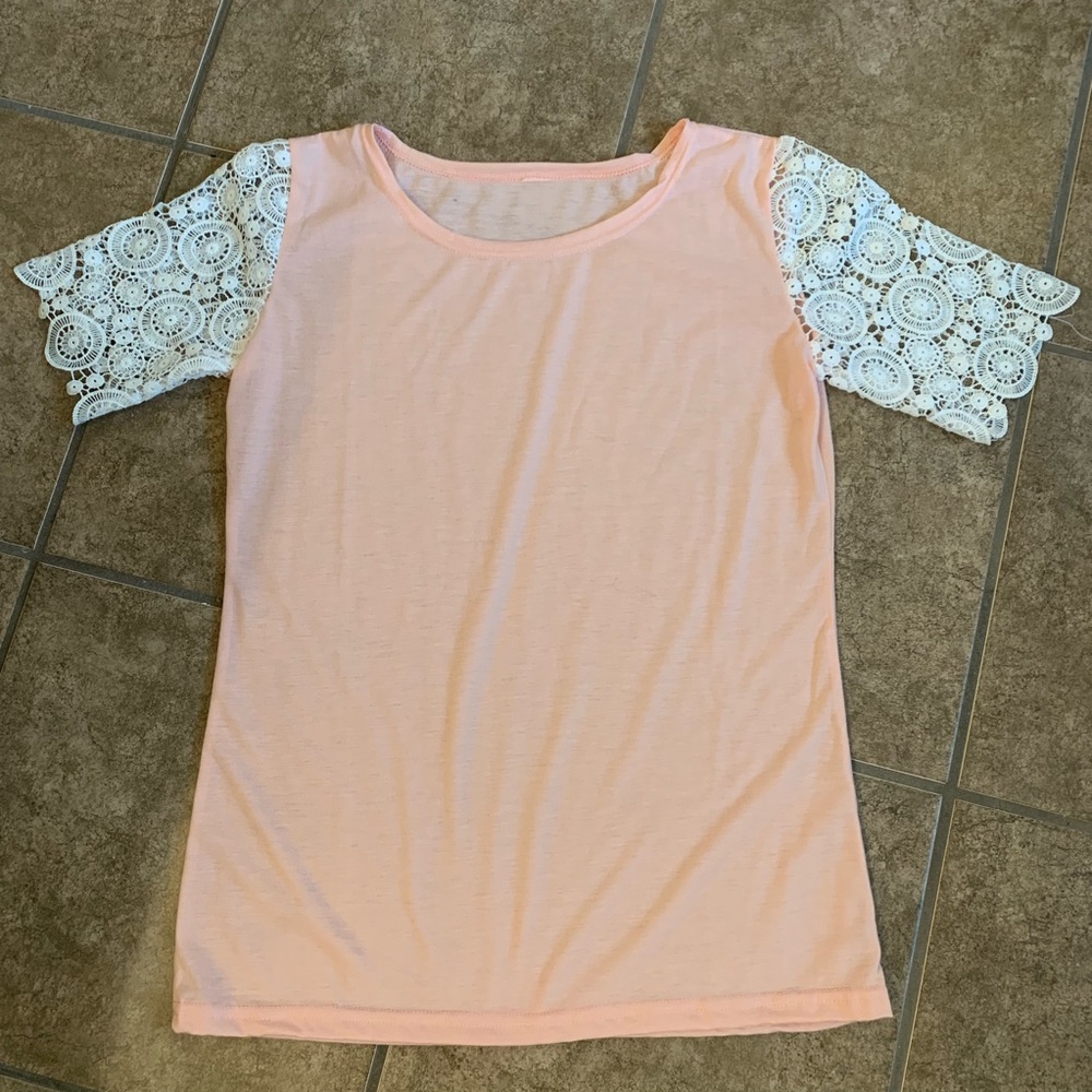 Pink Crochet Lace Sleeve Tee